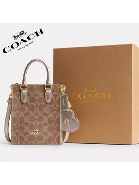 Coach Mini Tote in Signature Brown with Metallic Trim